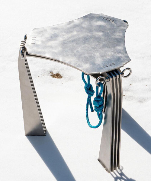 stainless steel ‘cling’ stool with carabiner and rope draws design from rock climbing